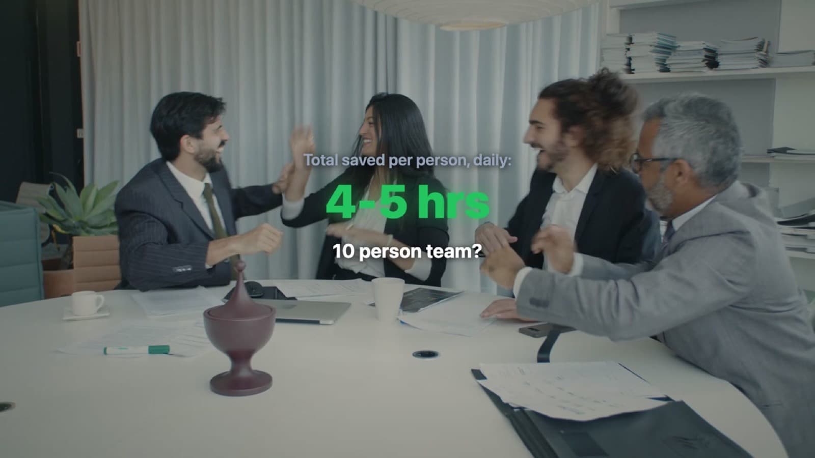 A team celebrating with the text: Total saved per person, daily: 4-5 hrs. 10 person team?