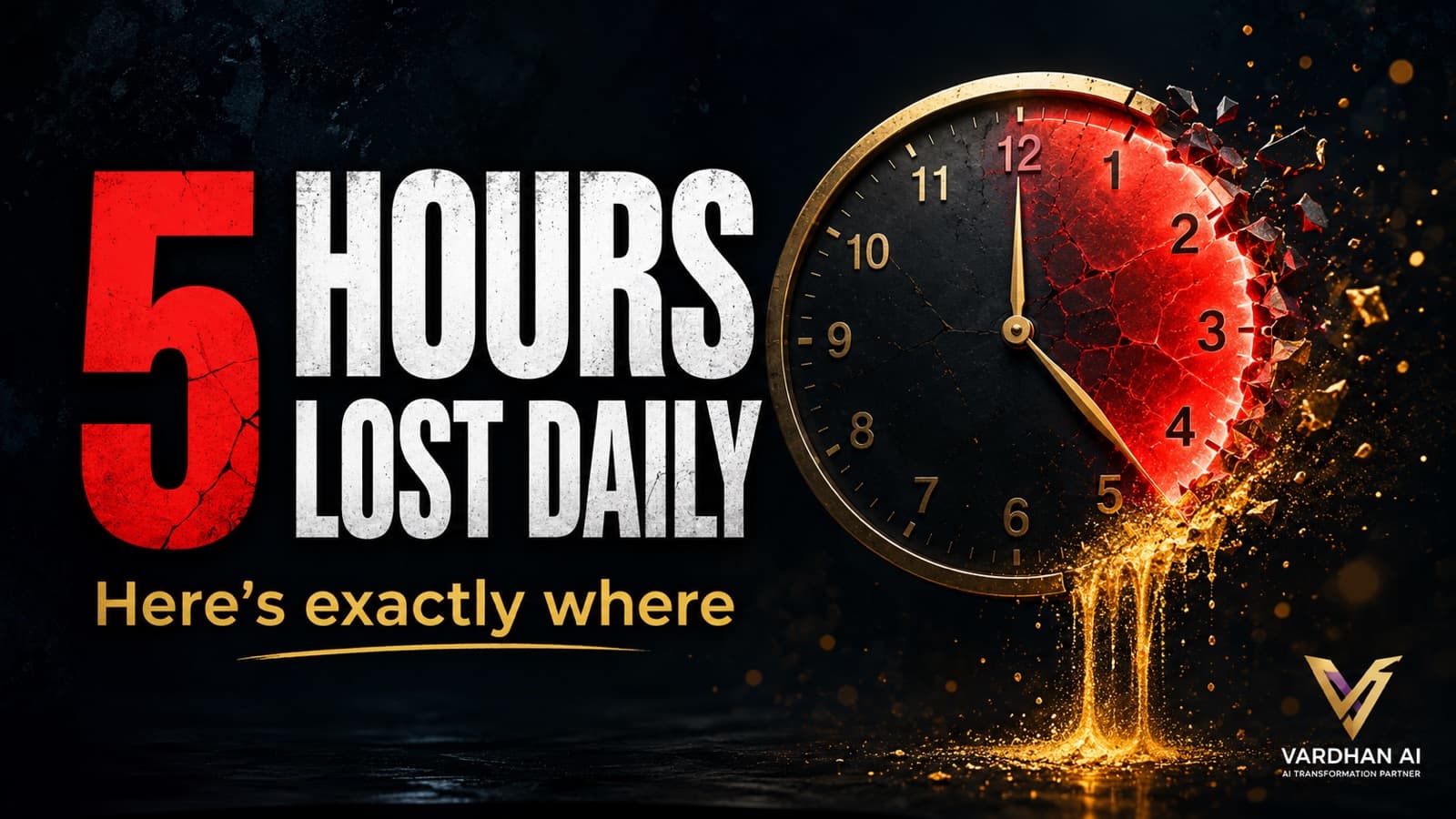 5 Hours Lost Daily — a cracked clock face with time leaking away as golden particles
