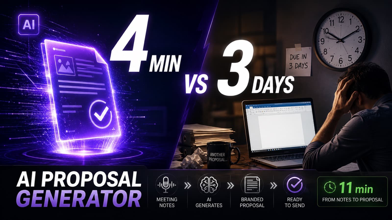 4 minutes versus 3 days — a glowing AI-generated proposal next to a frustrated founder staring at a blank document with a note reading due in 3 days