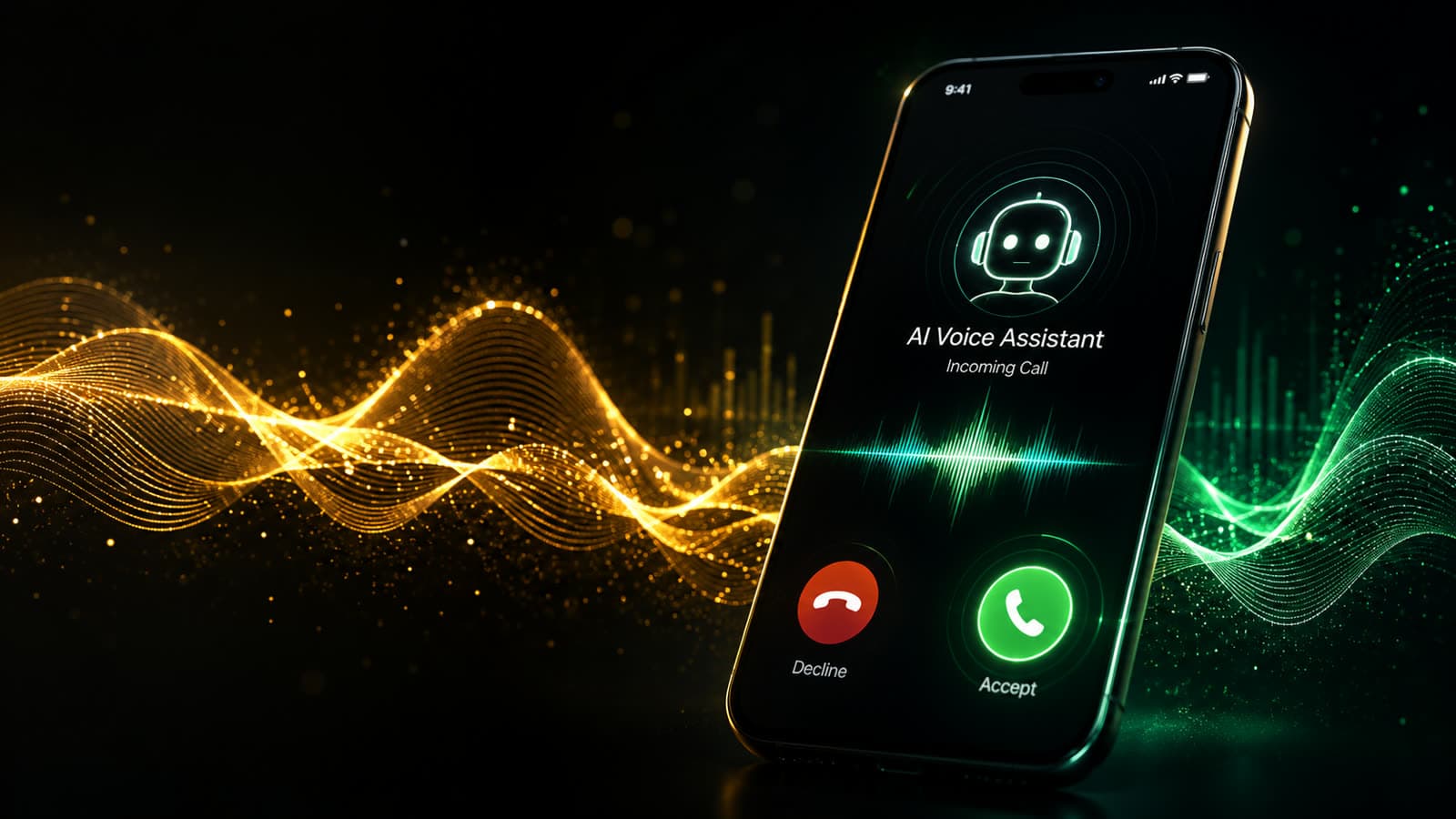 AI Voice Assistant answering an incoming call, with sound wave visualization