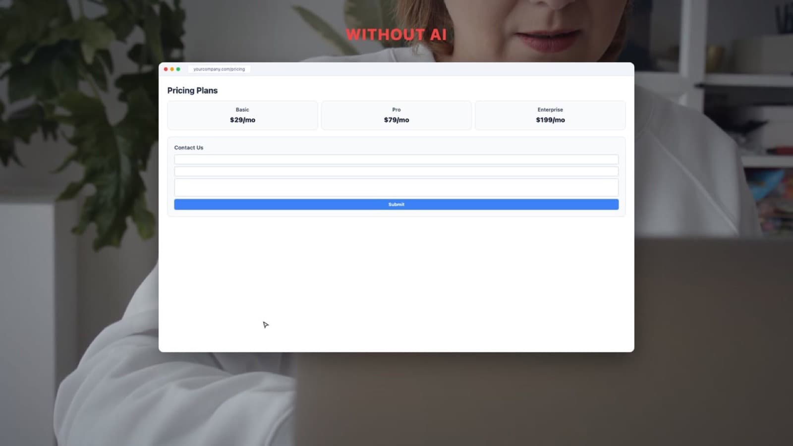 A typical pricing page with plan tiers and a plain contact form — no engagement, just a static wait for someone to fill it out