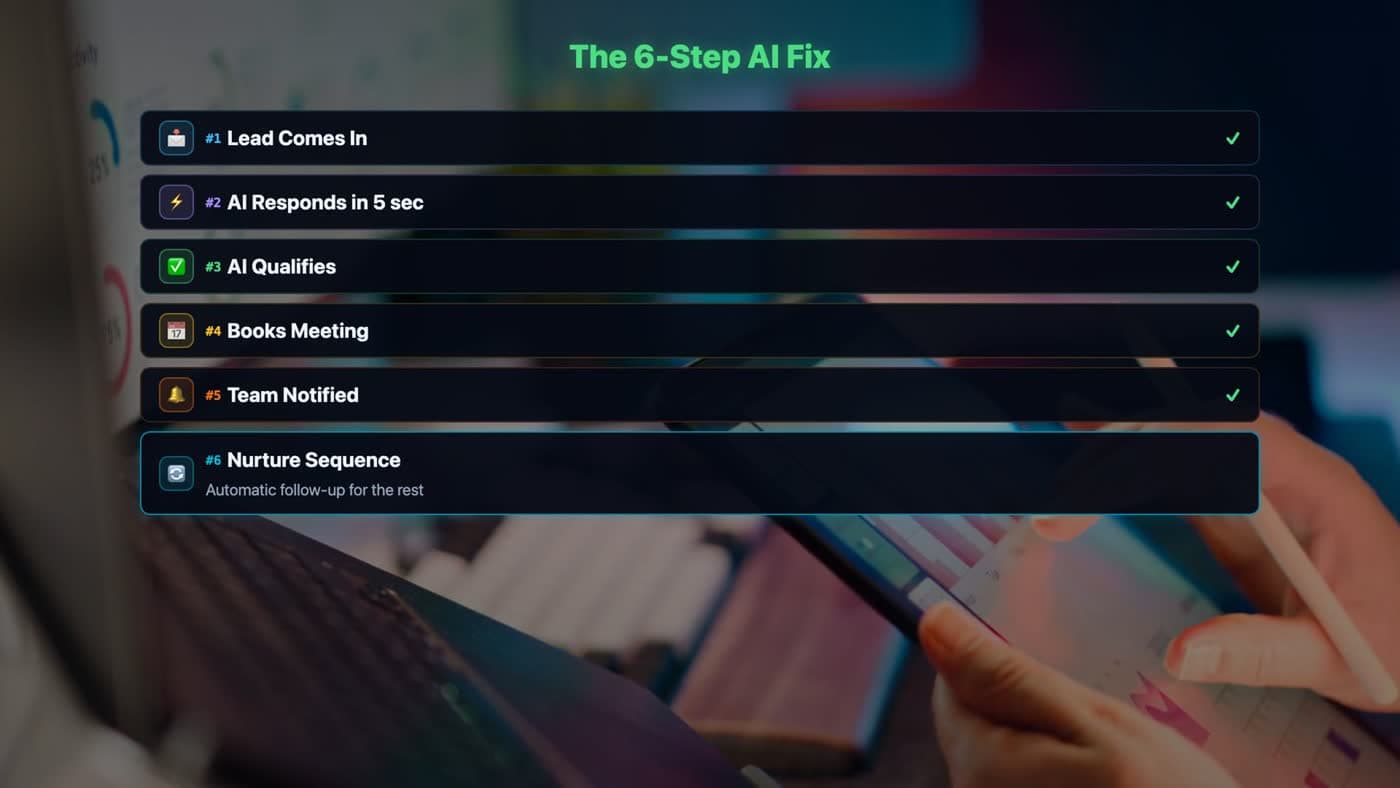 The 6-Step AI Fix: Lead Comes In, AI Responds in 5 sec, AI Qualifies, Books Meeting, Team Notified, Nurture Sequence