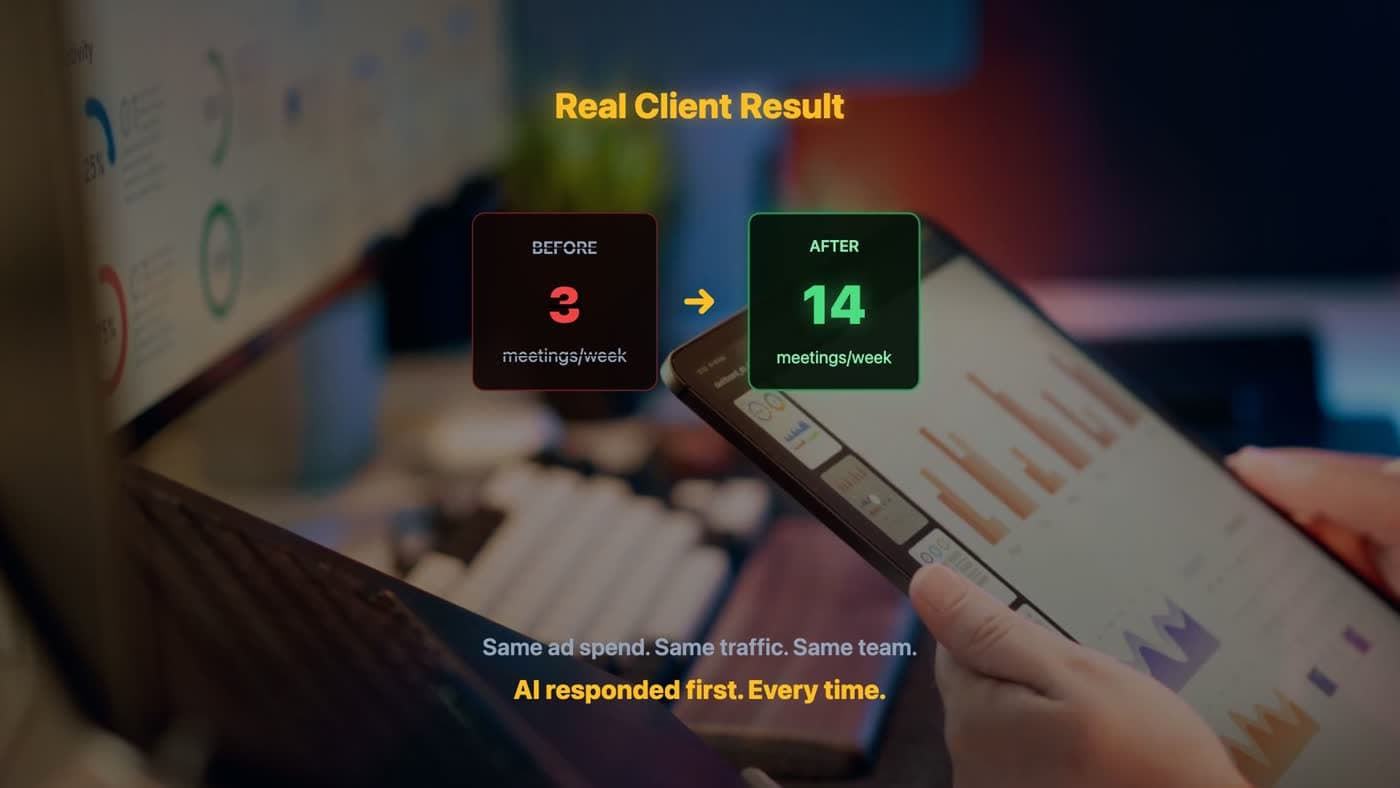 Real Client Result: before 3 meetings/week, after 14 meetings/week. Same ad spend, same traffic, same team. AI responded first, every time.