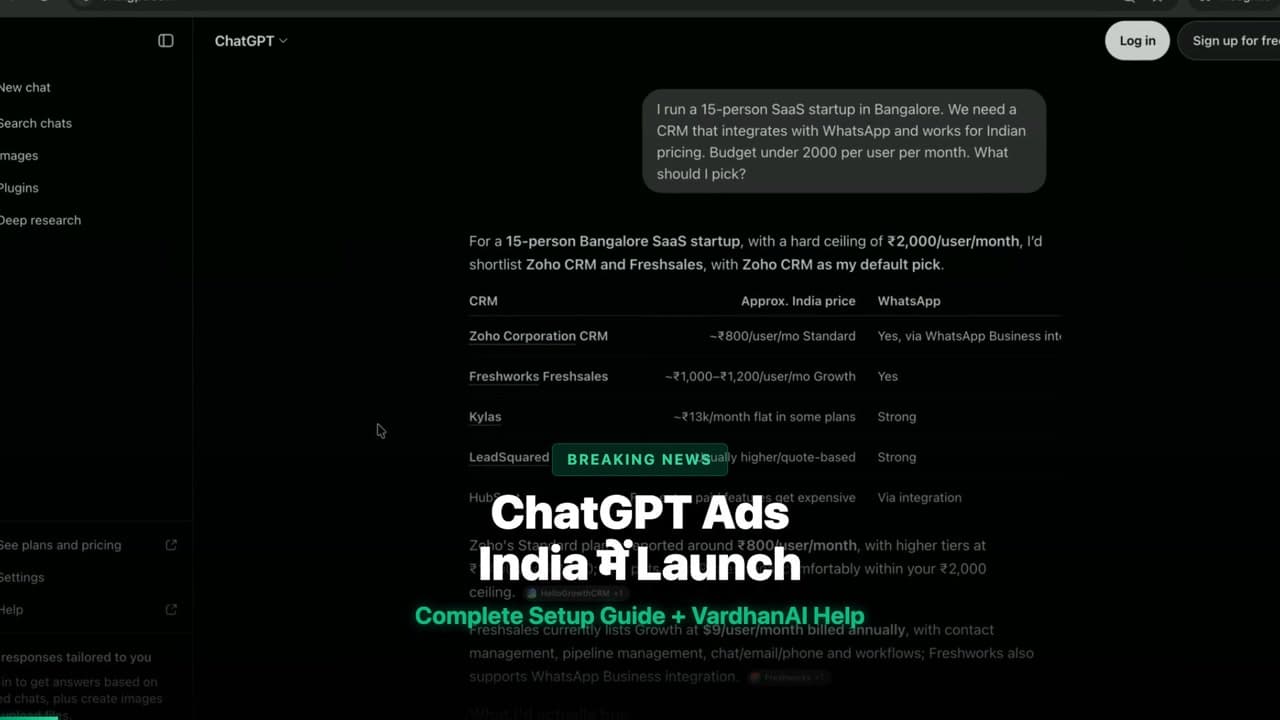 A real ChatGPT conversation: a founder asks for a CRM recommendation for their 15-person Bangalore startup, and ChatGPT responds with a comparison table